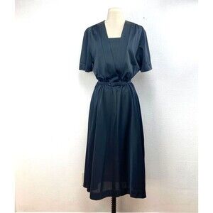 Vintage 40/50s Woman Dark Blue Nylon Dress Size 20 Large Career Modest Boho Goth